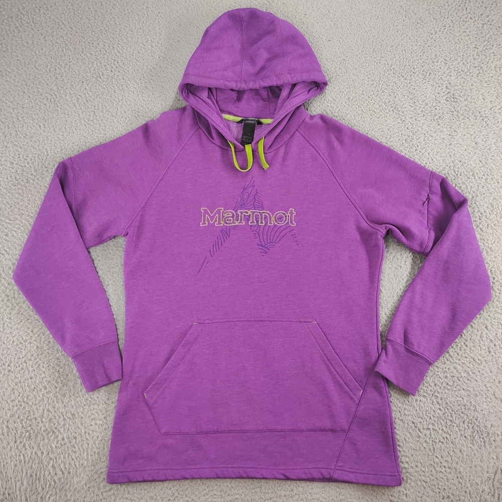 Marmot Hoodie Womens Large Purple Fleece Lined Embroidered Lime Logo Long Sleeve